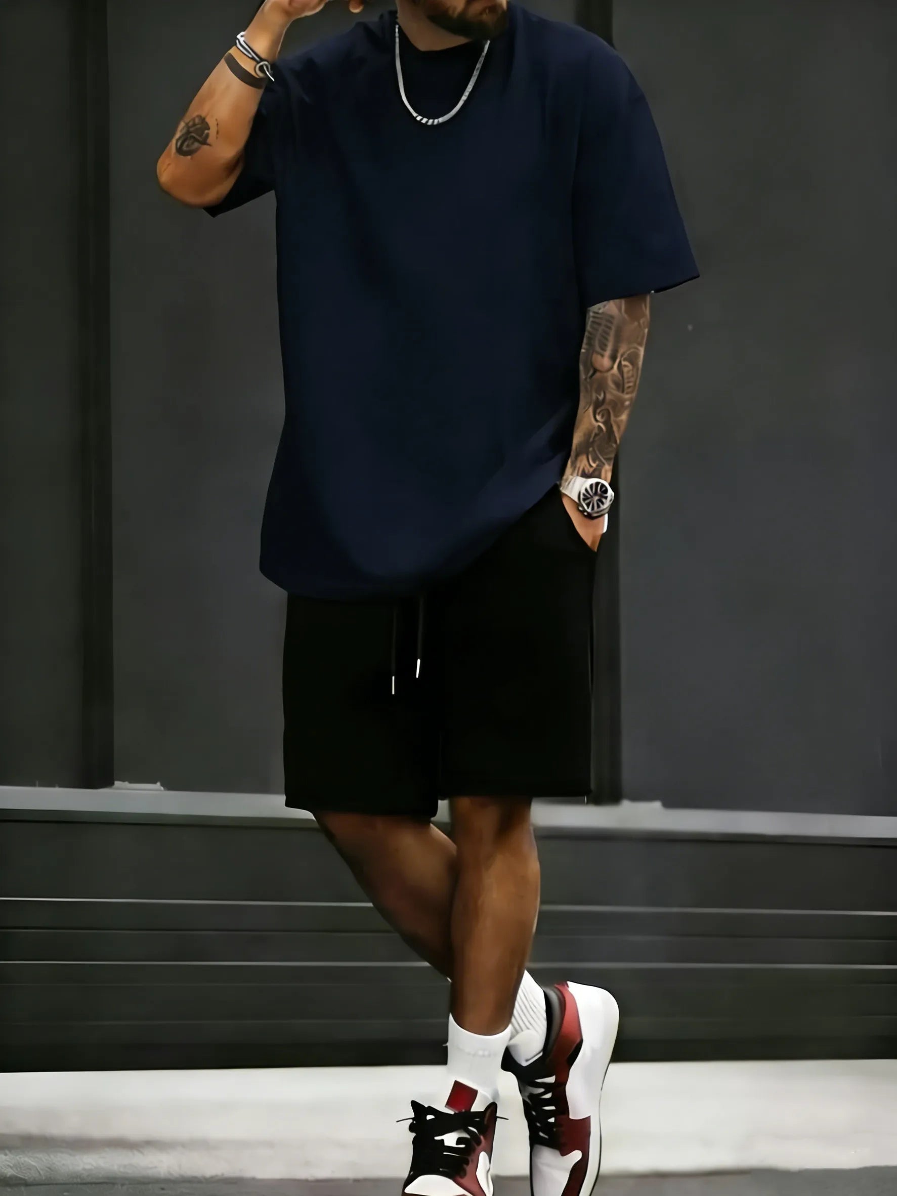 Summer Cotton Street T-Shirt Suit Men Oversize Daily Shorts Gym Loose Sportswear Trendy Hip Hop Clothes Sport Pocket Short Pants