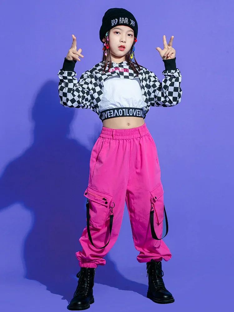 Kids Teenage Streetwear Hip Hop Clothing Red Shirt Tops Casual Cargo Jogger Pants For Girl Boy Jazz Dance Costume Rave Clothes