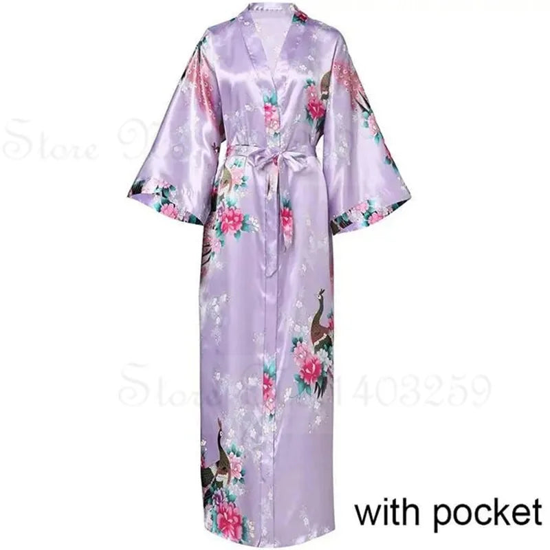 Women Long Robe Kimono Bathrobe Gown with Pockets Sexy Wedding Bride Bridesmaid Dressing Gown Oversize Satin Homewear Loungewear