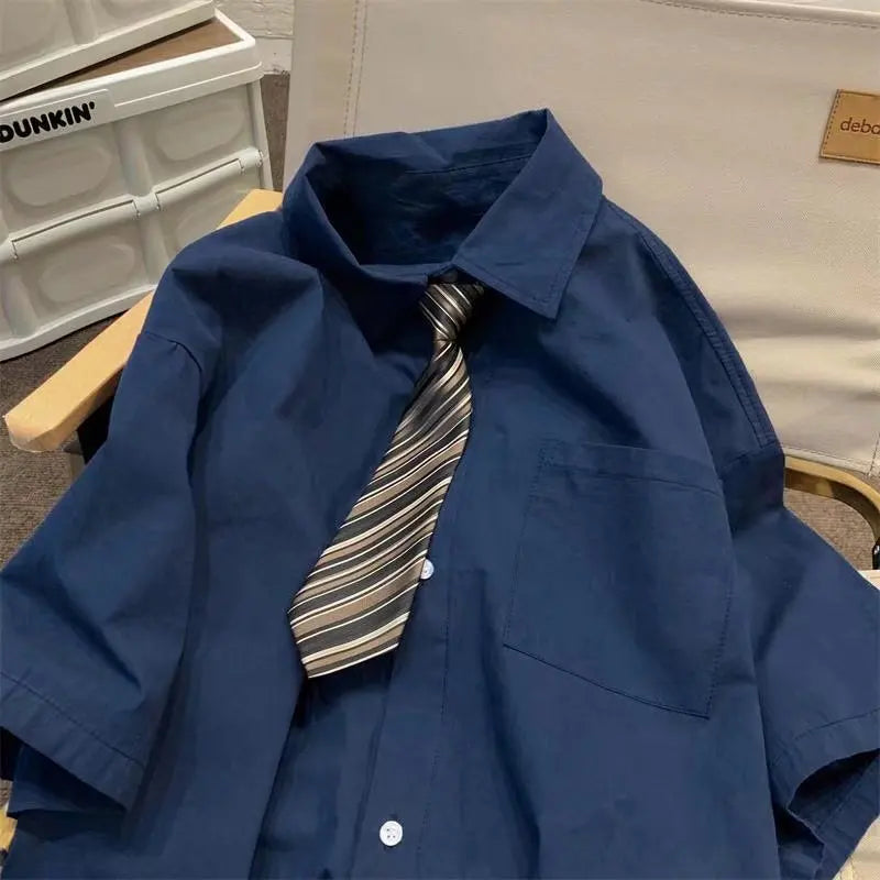 Short-sleeved Work Shirt Men's Summer Tie Handsome High-end Fashion Brand Trendy Couple College Style