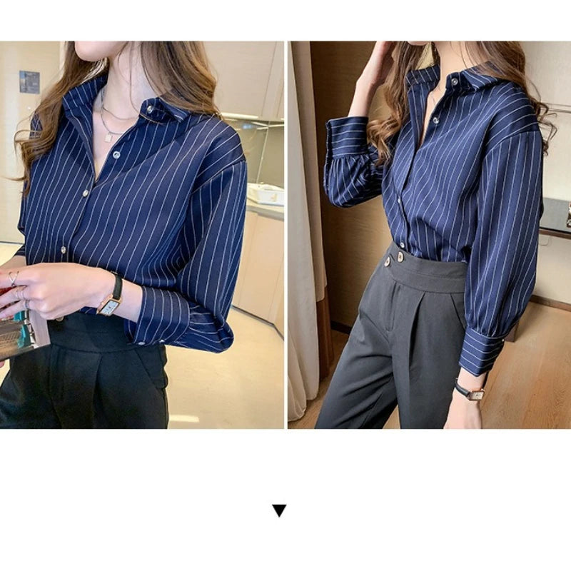 Striped Shirt Women Spring Summer Vintage Chic Loose Long Sleeve Top Office Ladies Fashion Casual Turn Down Collar Blouse