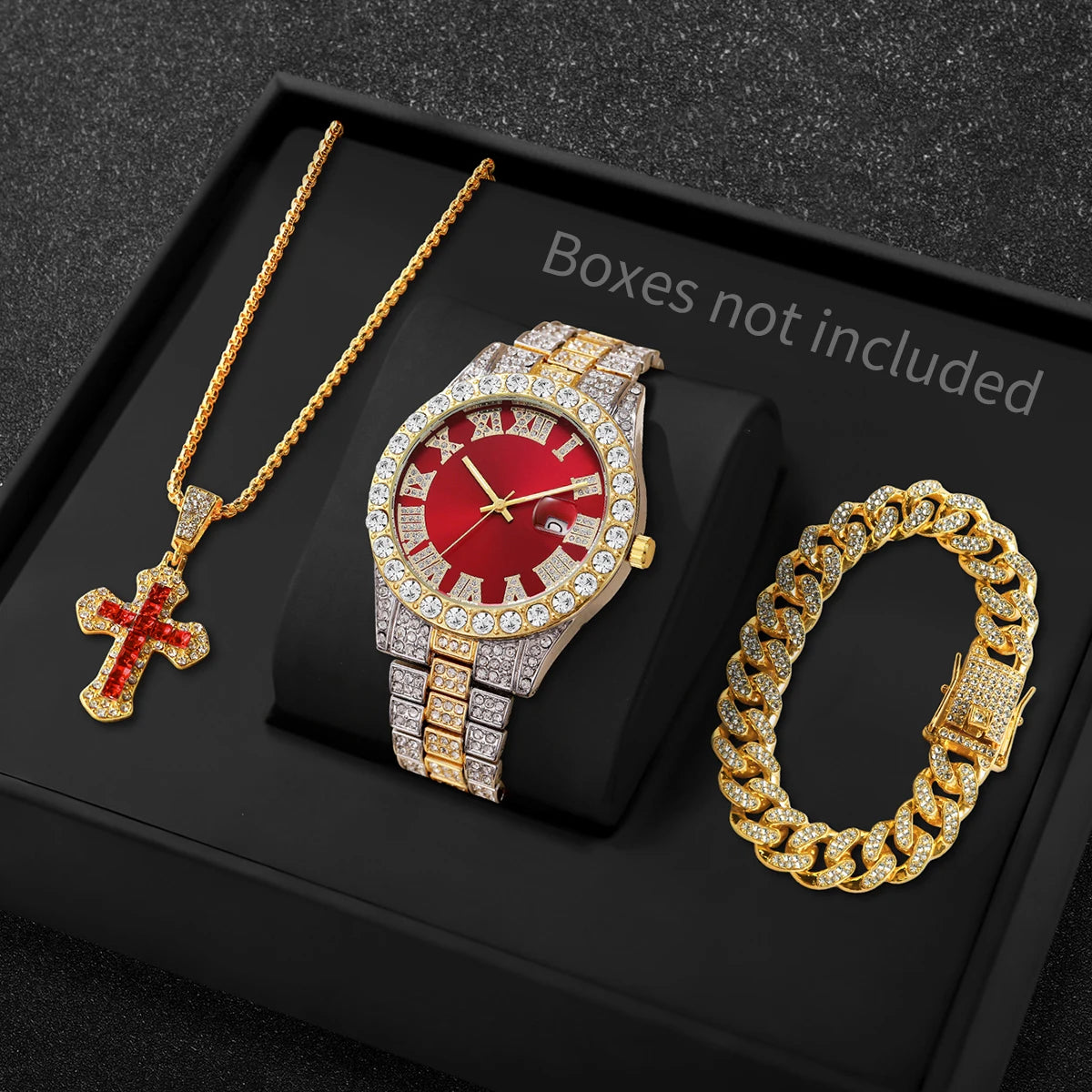 3PCS/Set Luxury Full Diamond Men Quartz Watches Fashion Hip Pop Mens Calendar Wristwatch Bracelet Necklace Set (Without Box)