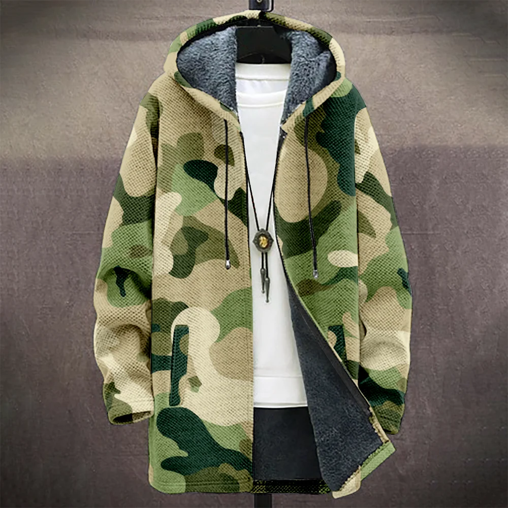 Men's Camouflage Hooded Coat with Fleece Lining Cold Weather Warm Jacket for Autumn Winter Outdoor Streetwear Fashion Trend