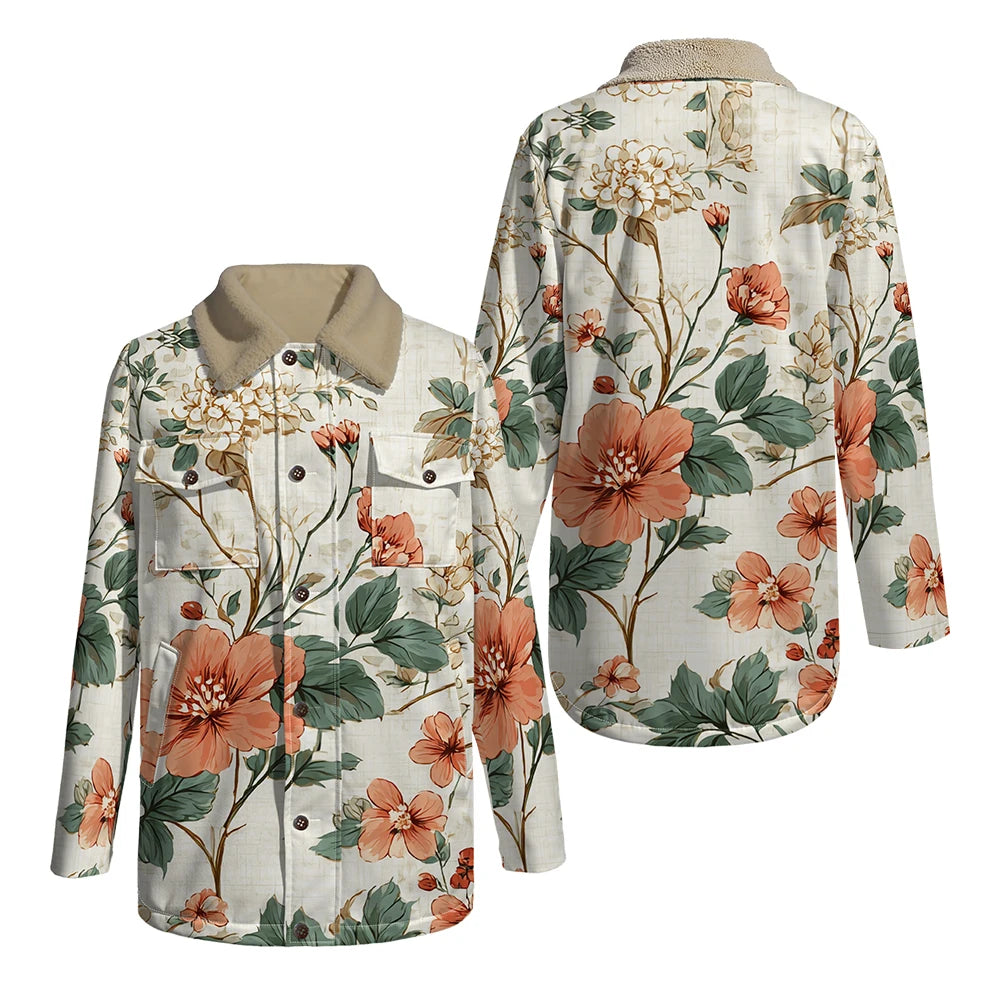 Elegant Floral Print Long Sleeve Coat with Soft Faux Fur Collar Perfect for Spring and Autumn Casual Fashion and Daily Outerwear