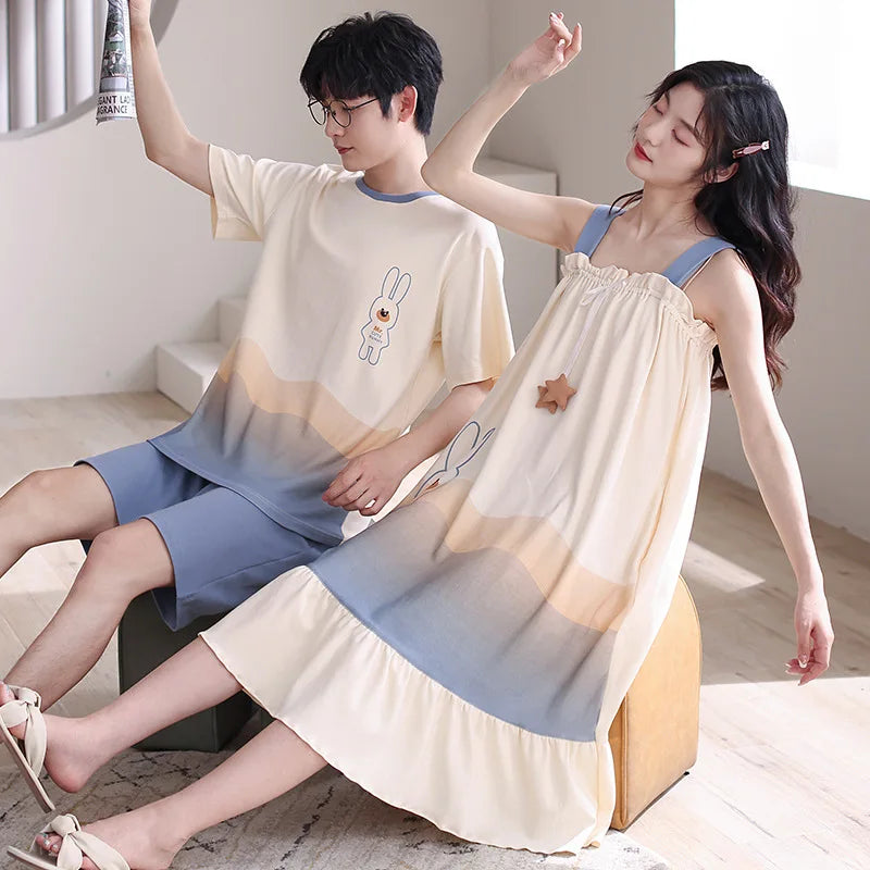 Summer Pyjamas Men Knited Cotton Pajamas Set Korean Sweet Pijamas Ladies Sexy Sleepwear Home Clothing For Youth Boy Girl
