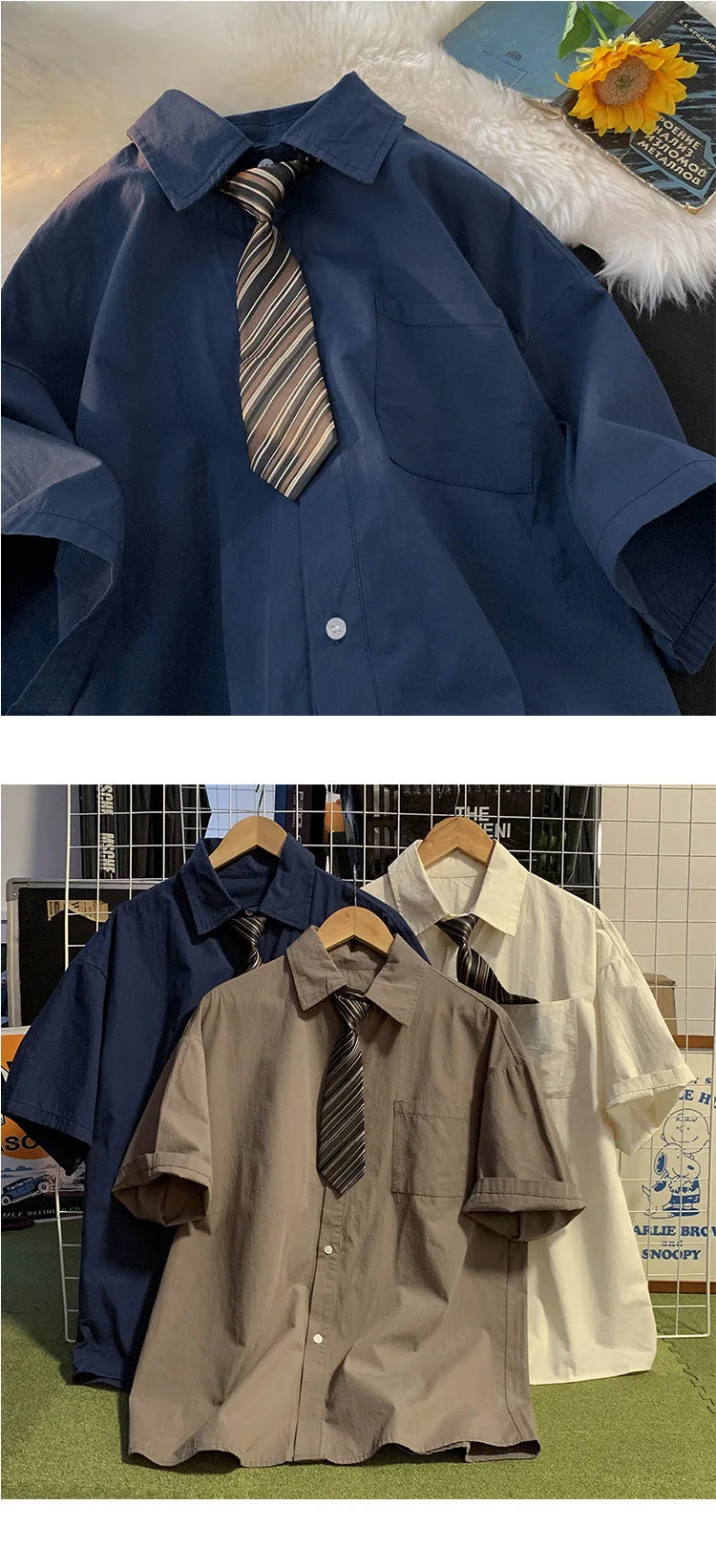 Short-sleeved Work Shirt Men's Summer Tie Handsome High-end Fashion Brand Trendy Couple College Style