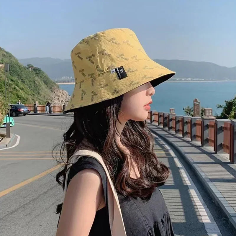 Double-sided Wear Women Bucket Hat Korean Fashion Letter Print Fisherman Hats For Girl Summer Outdoor Beach Basin Cap