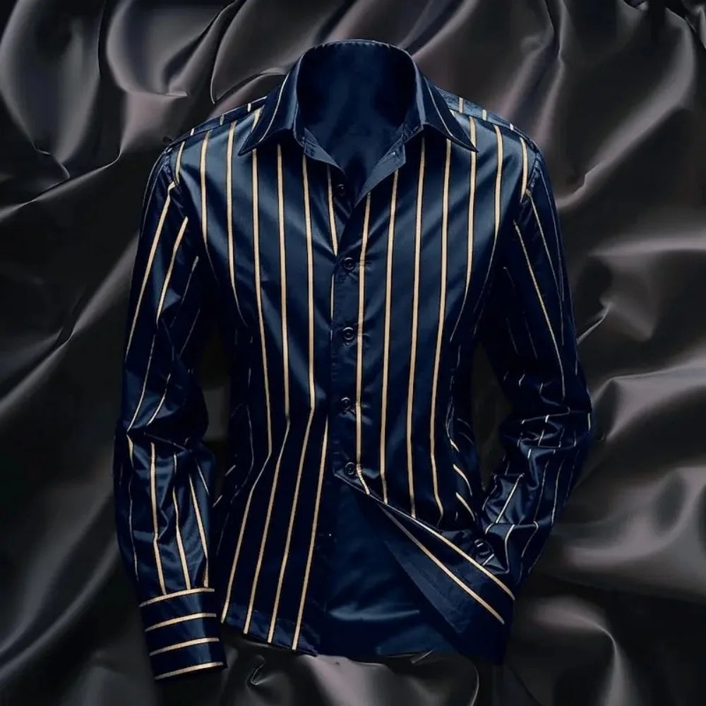 The new fashionable men's striped shirt is a casual and stylish outdoor long-sleeved shirt with a soft and comfortable lapel