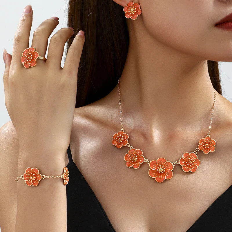 Vintage Drip Oil Flower Pendant Necklace Earrings Bracelet Ring Set for Women Elegant Floral Clavicle Chain Party Jewelry Set