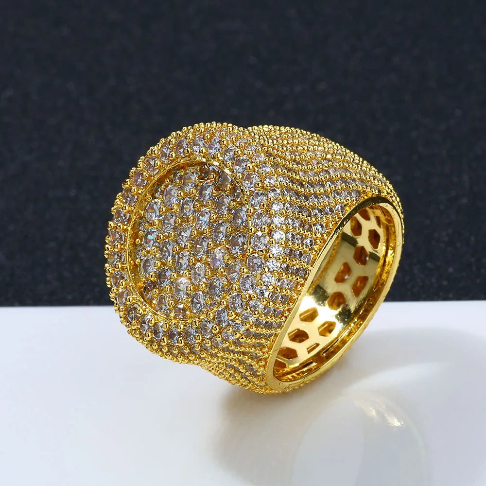 Hip Hop Iced out Diamond Round Ring Full Pave Big Circle Honeycomb Brilliant Cut CZ Brass Rings Jewelry Men Women Gift