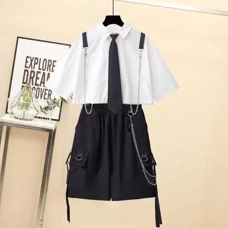 2025 Spring Streetwear Cargo Shorts Sets High Waist Joggers Women 2 Piece Short Sleeve Top with Casual Trousers