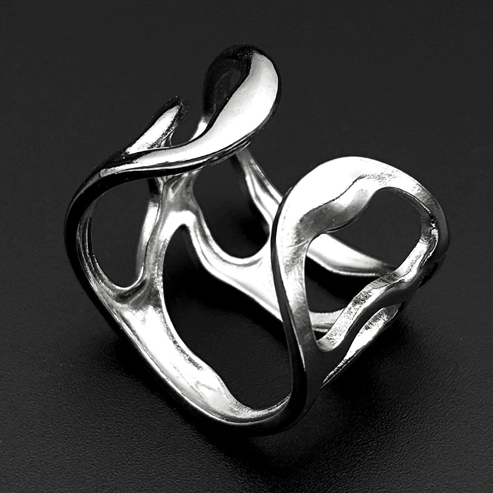 Irregular Hollow Ring For Women Metal Texture Waterproof Daily Simple Stylish Silver Color Rings Stainless Steel Finger Jewelry