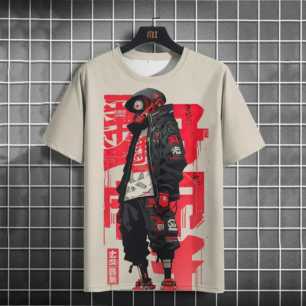 Japanese T-Shirt For Men Mechanical Character Graphic T Shirts Short Sleeve Printing Tees Outdoor Oversized Men's Clothing Tops