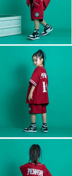 Kids Teenage Streetwear Hip Hop Clothing Red Shirt Tops Casual Cargo Jogger Pants For Girl Boy Jazz Dance Costume Rave Clothes