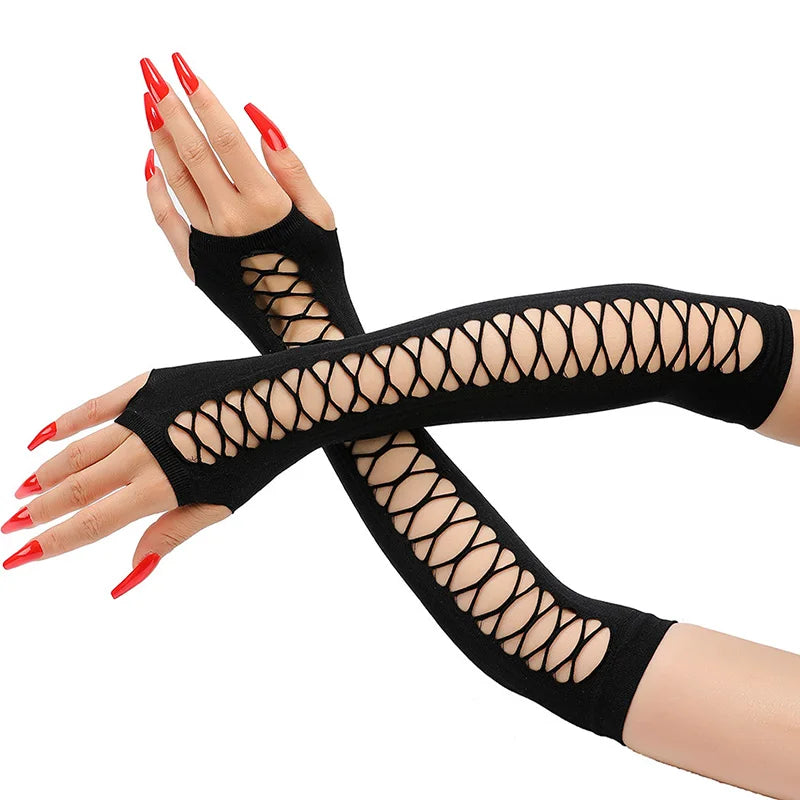 Halloween Black Fishnet Fingerless Long Gothic Gloves Elasticity Arm Cuff Party Wear Women Gloves Cosplay Mitten