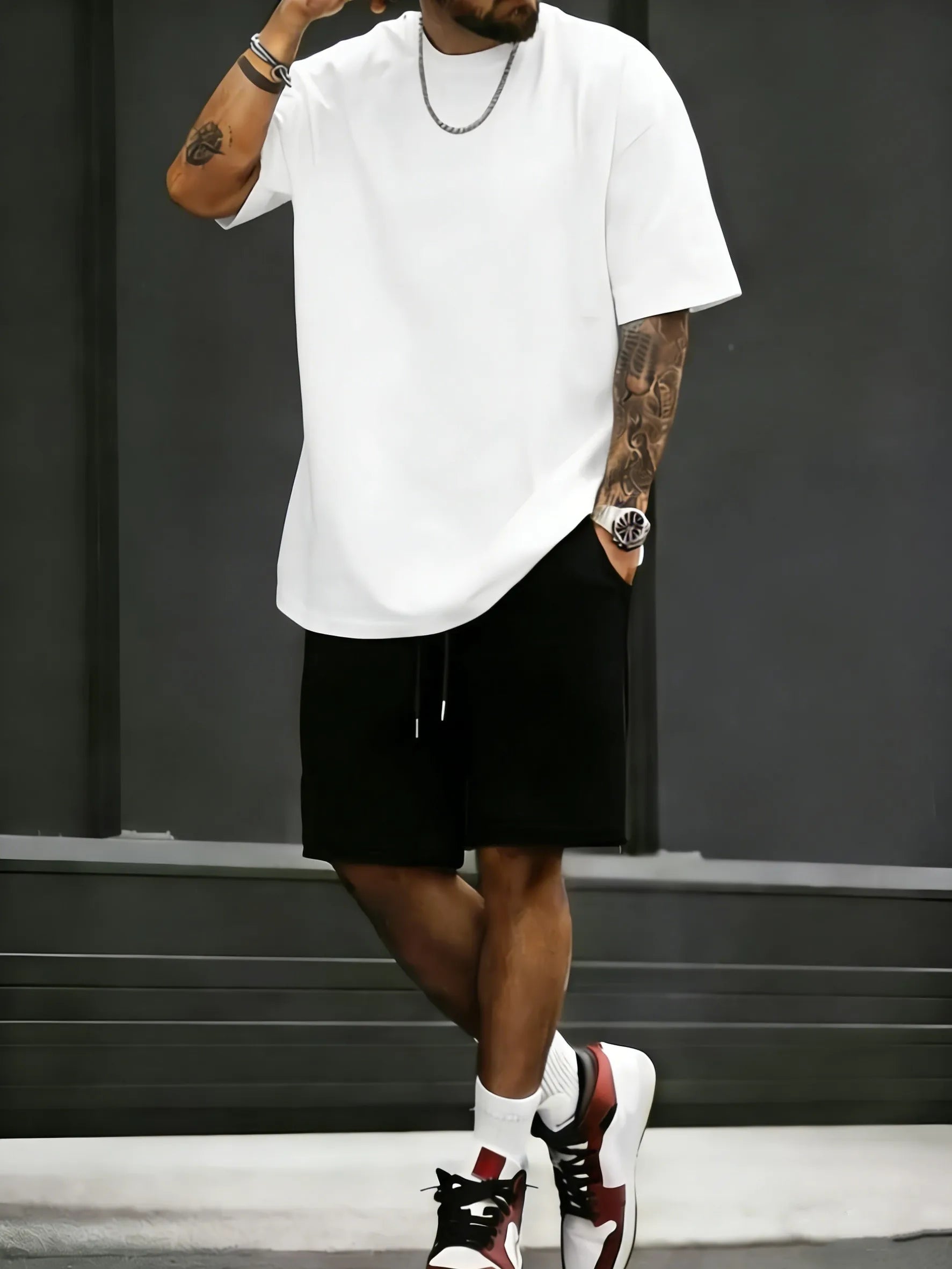 Summer Cotton Street T-Shirt Suit Men Oversize Daily Shorts Gym Loose Sportswear Trendy Hip Hop Clothes Sport Pocket Short Pants