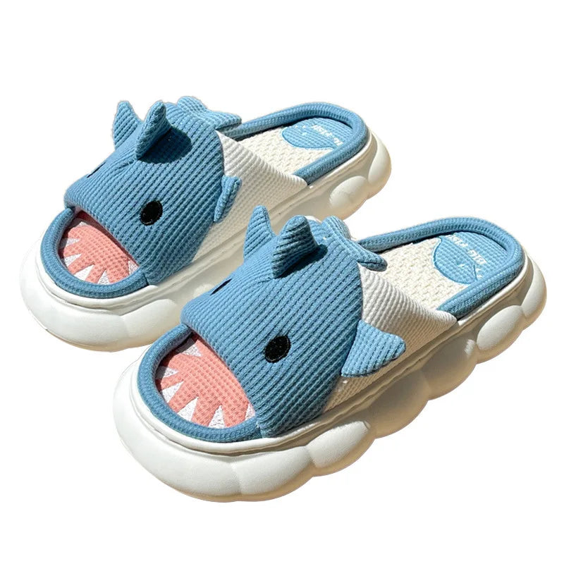 Four Seasons Women Shark Linen Slippers Men Cute Animal Sandals Adults Indoor Bedroom Cartoon Slides Couples Outdoor Flip Flops