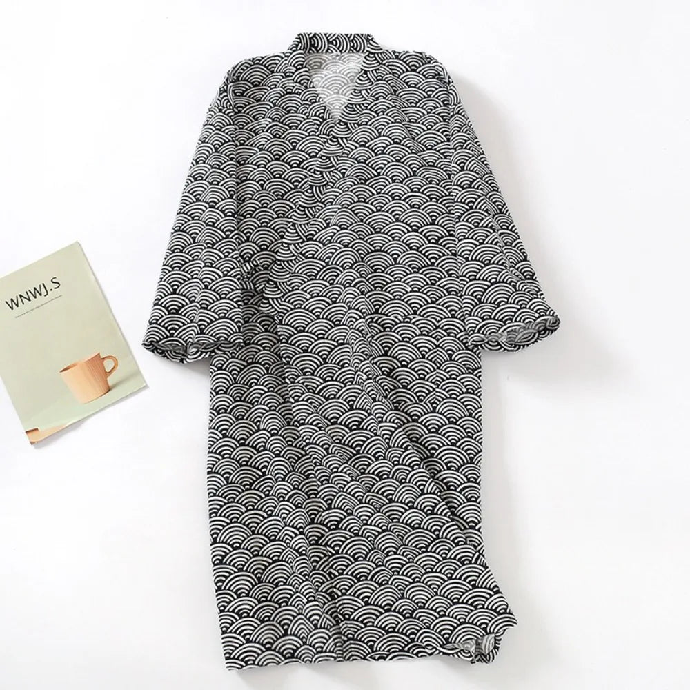 Bath Robe V-Neck Men's Kimono Bathrobe Long Sleeve Loose Kimono Pajamas Print Thin Japanese-Style Yukata Bath Wear