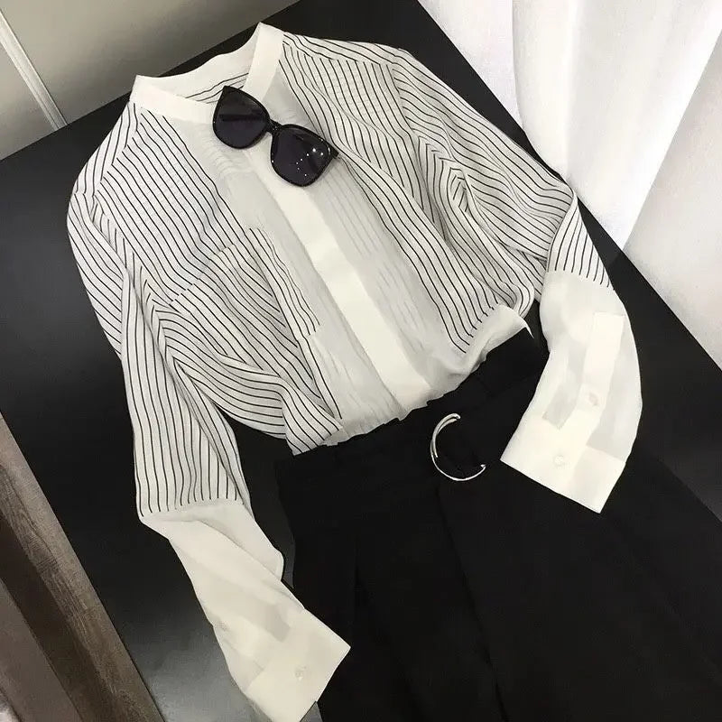 Shirts & Blouses For Women Striped Thin Style Woman Top Button Up Novelty 2025 Cute And Elegant Basic Premium Promotion Xl