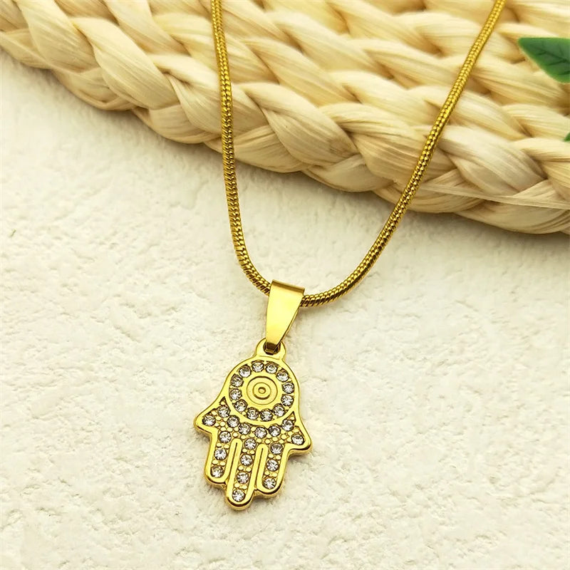 Evil Eye Fatima Hand Pendant Necklace For Women Girls Stainless Steel Gold Color Rhinestone Turkish Chain Jewelry Gifts Collar