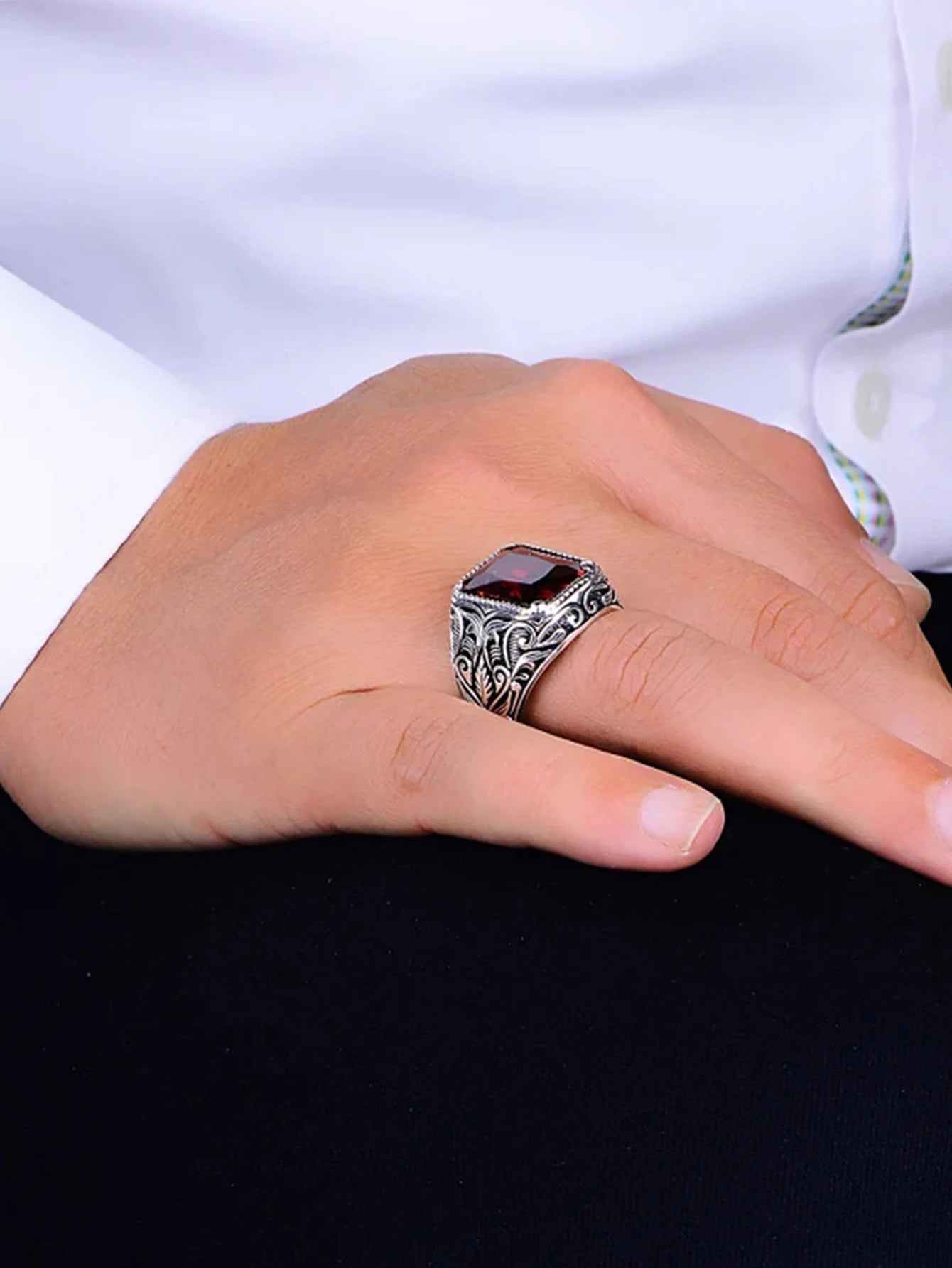 Vintage Handmade Turkish Signet Ring For Men Women Ancient Silver Color Carved Ring Red Yellow Zircon Inlay Punk Motor Biker