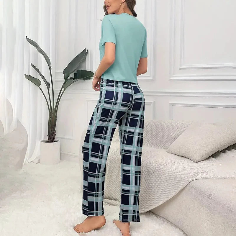 Women's Pajamas Set Casual Home Clothes Soft Comfortable Crew Neck T-Shirt & Plaid Pants Sleepwear Piece Loungewear Pyjama Femme