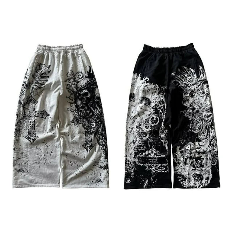 Y2K Retro Casual Jogger Pants Gothic Skull Print Afterlife Sweats Floor Pants Trend Harajuku Hip Hop Oversized Unisex Clothing