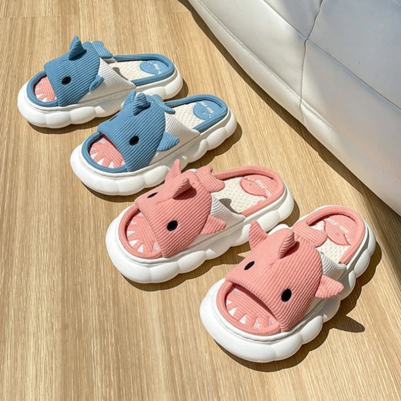 Four Seasons Women Shark Linen Slippers Men Cute Animal Sandals Adults Indoor Bedroom Cartoon Slides Couples Outdoor Flip Flops