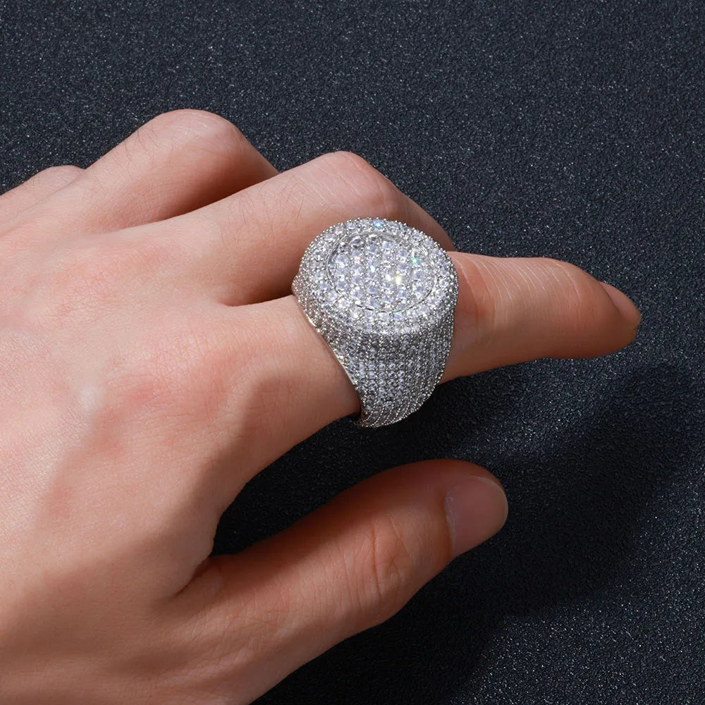 Hip Hop Iced out Diamond Round Ring Full Pave Big Circle Honeycomb Brilliant Cut CZ Brass Rings Jewelry Men Women Gift
