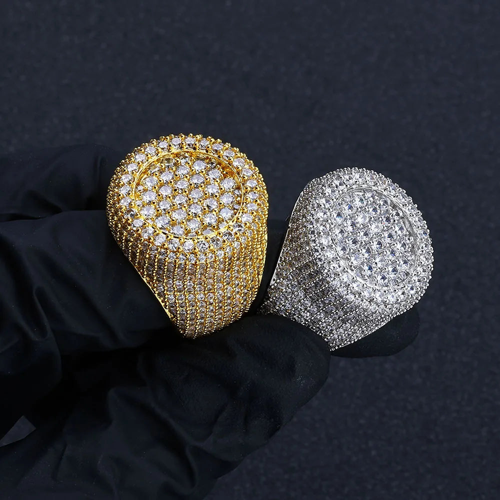 Hip Hop Iced out Diamond Round Ring Full Pave Big Circle Honeycomb Brilliant Cut CZ Brass Rings Jewelry Men Women Gift