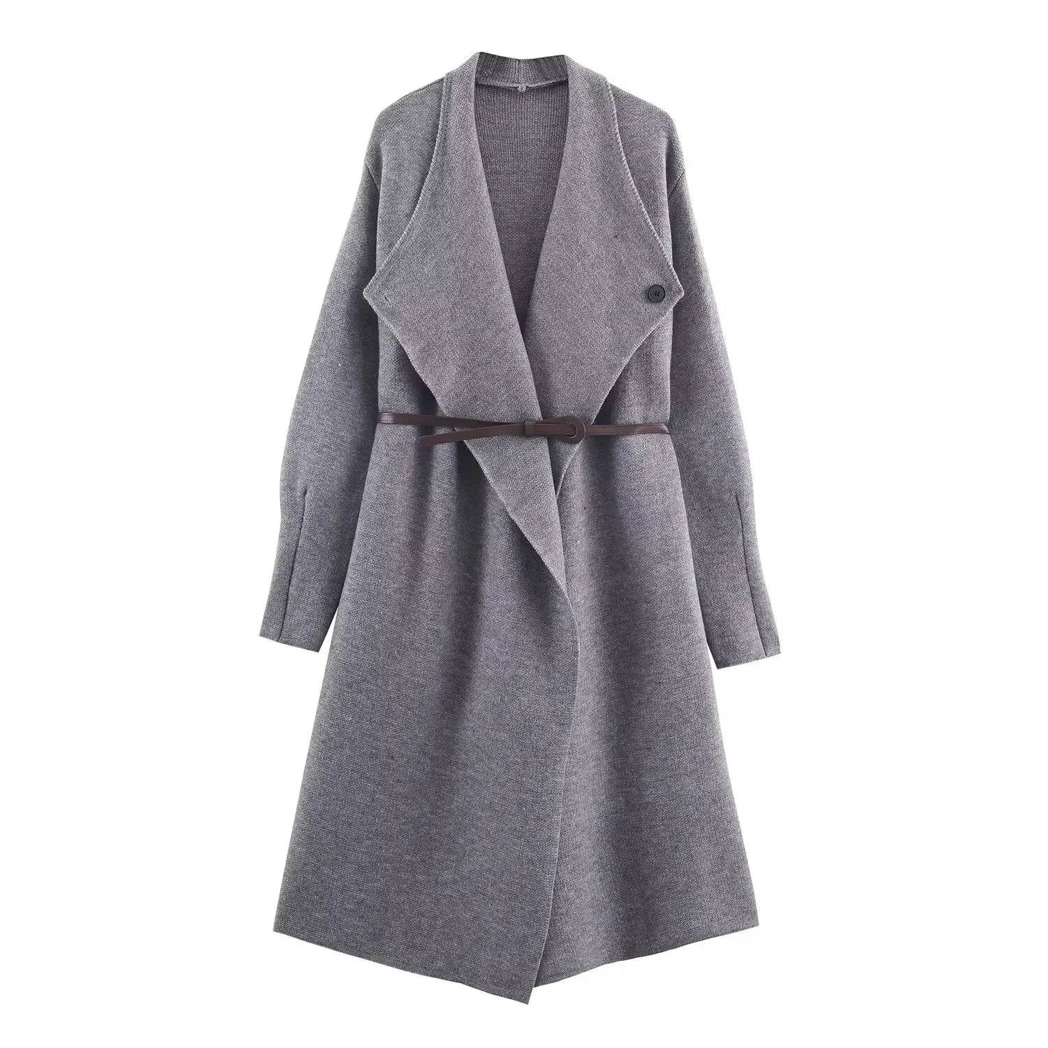 Womens Knitted Coat With Waist Belt Mid Length Elegant And Comfortable Coat Must Have Autumn And Winter Item Trafizaran