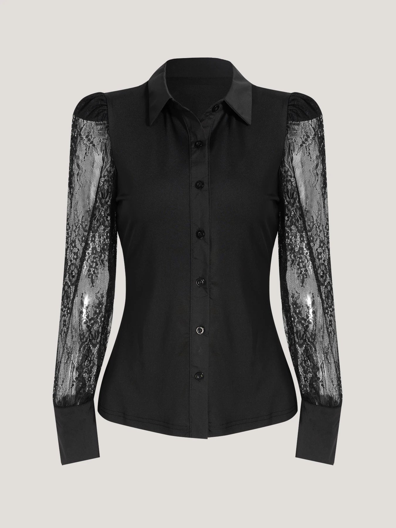 Women's Blouse Spring Summer Black Shirt Collar Lace Sheer Long Sleeve Puff Shoulder Button Front Slim Elegant Sexy Daily Office
