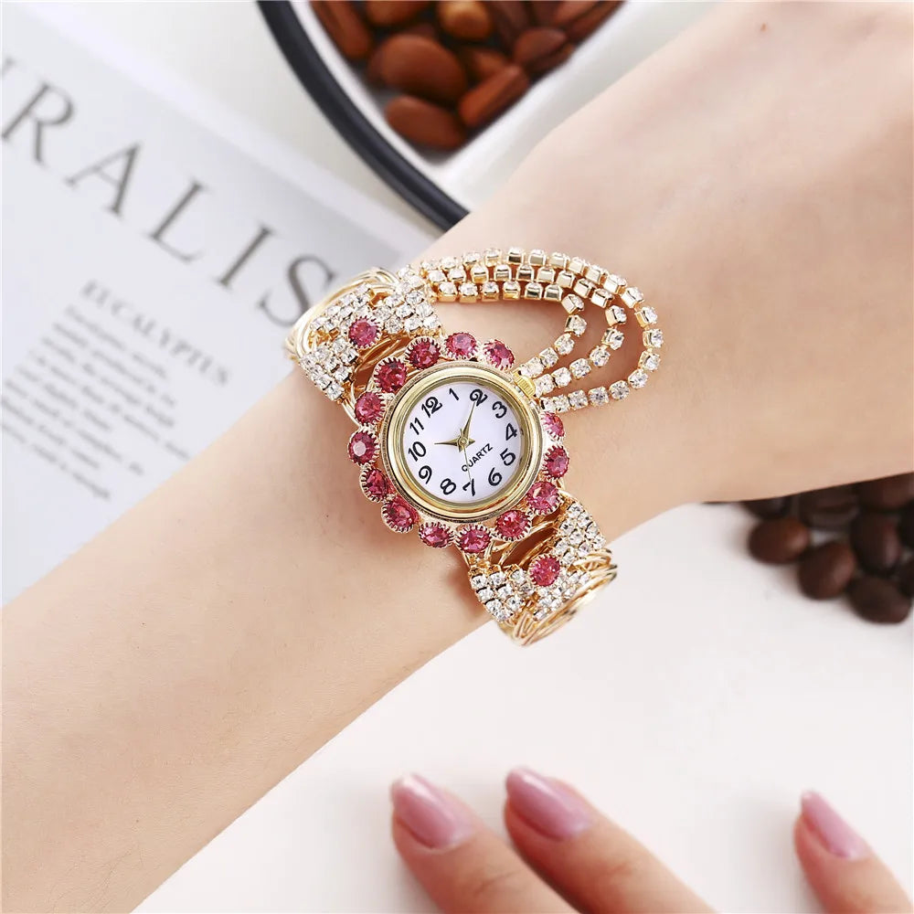 Trendy Leisure Women’s Watch Chic Gold Hollow Design Quartz Watch Stylish Red White Rhinestone Bangle Wristwatch