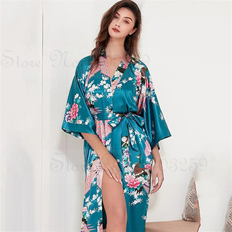 Women Long Robe Kimono Bathrobe Gown with Pockets Sexy Wedding Bride Bridesmaid Dressing Gown Oversize Satin Homewear Loungewear