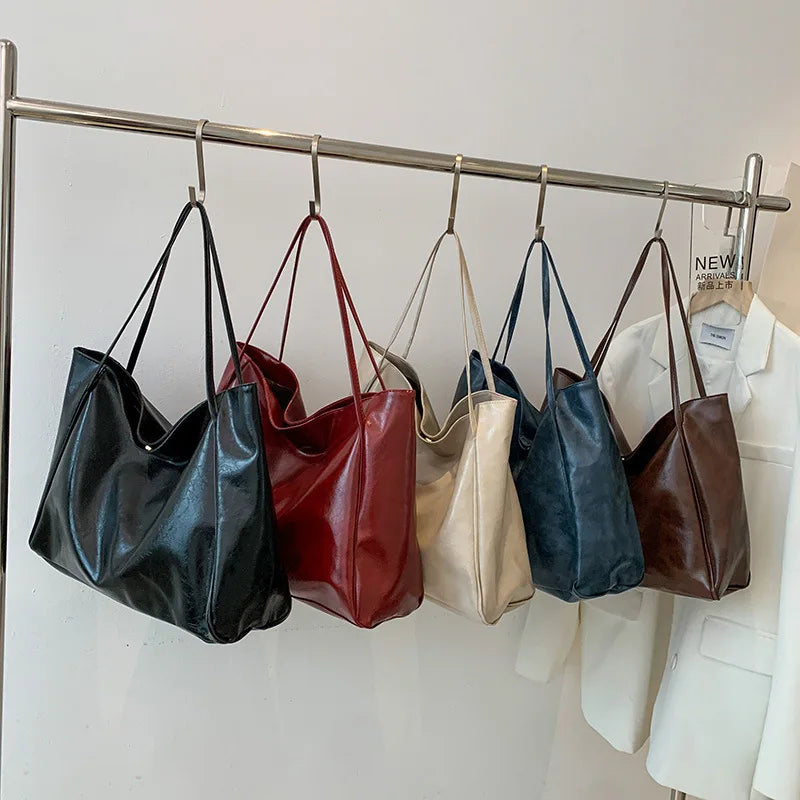 Tote Women's Bag Korean Style Large Capacity Soft Leather Shoulder Bag Retro Casual Hand-held Bucket Bag 2025 Одноплечевая сумка
