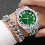 3PCS/Set Luxury Full Diamond Men Quartz Watches Fashion Hip Pop Mens Calendar Wristwatch Bracelet Necklace Set (Without Box)