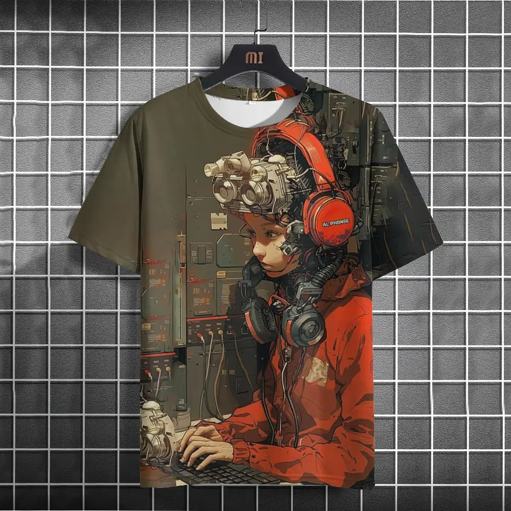 Japanese T-Shirt For Men Mechanical Character Graphic T Shirts Short Sleeve Printing Tees Outdoor Oversized Men's Clothing Tops