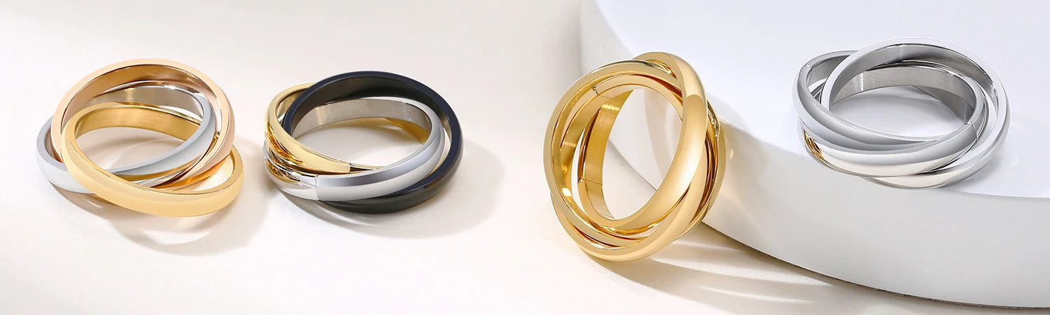 Stainless Steel Interlocked Triple Ring for Women Multi Color Wedding Band Bague Three in One