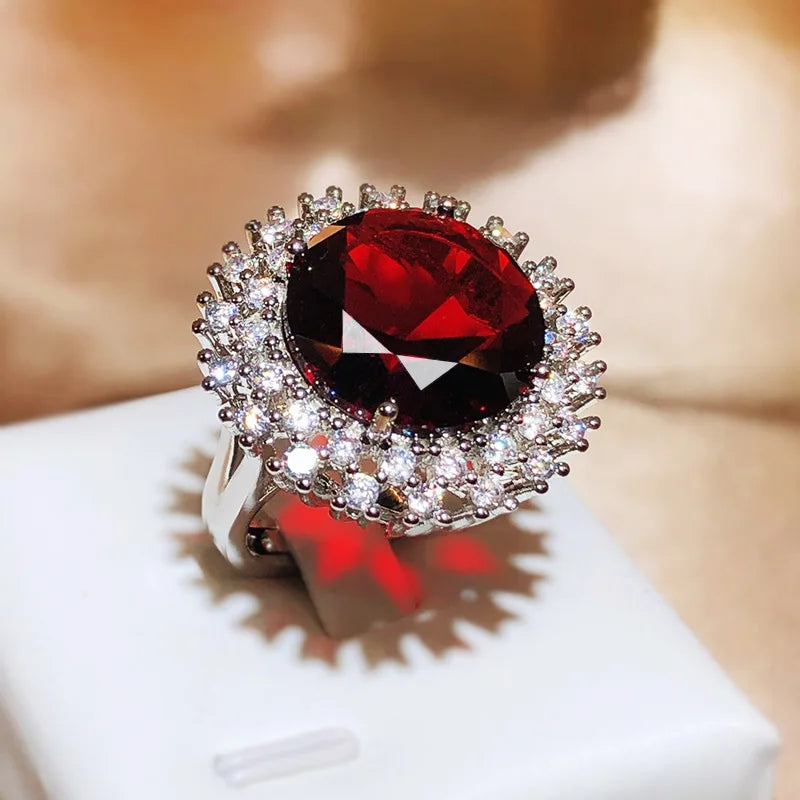 Red Round Gemstone Stone Ring For Women Elegant Engagement Wedding Ring Sterling Silver Color Austrian Crystals Fashion Jewelry