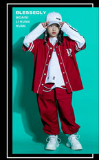 Kids Teenage Streetwear Hip Hop Clothing Red Shirt Tops Casual Cargo Jogger Pants For Girl Boy Jazz Dance Costume Rave Clothes