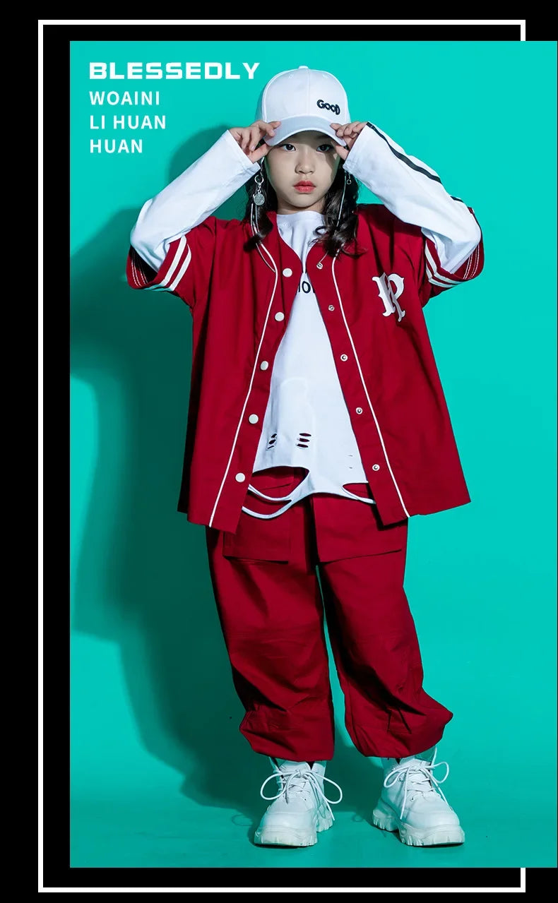 Kids Teenage Streetwear Hip Hop Clothing Red Shirt Tops Casual Cargo Jogger Pants For Girl Boy Jazz Dance Costume Rave Clothes