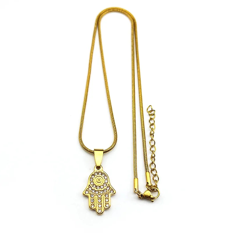Evil Eye Fatima Hand Pendant Necklace For Women Girls Stainless Steel Gold Color Rhinestone Turkish Chain Jewelry Gifts Collar