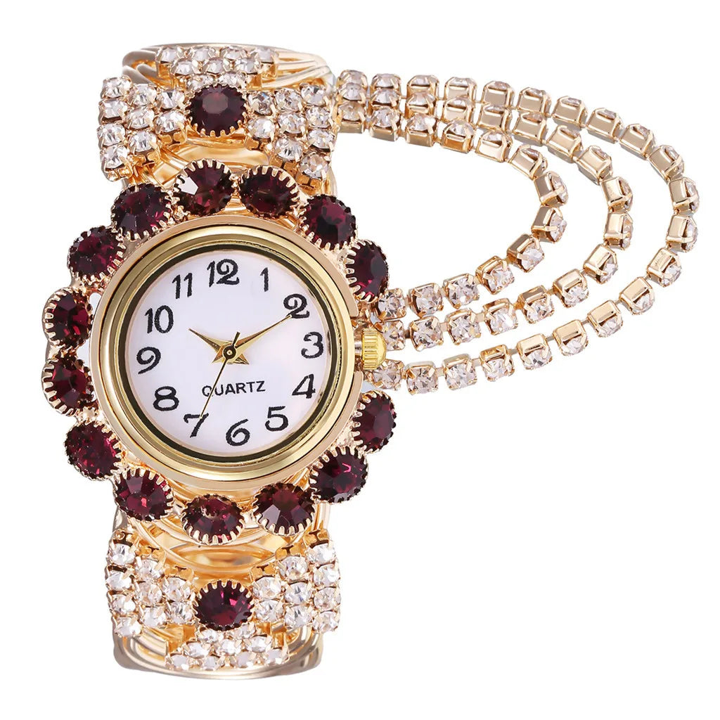 Trendy Leisure Women’s Watch Chic Gold Hollow Design Quartz Watch Stylish Red White Rhinestone Bangle Wristwatch