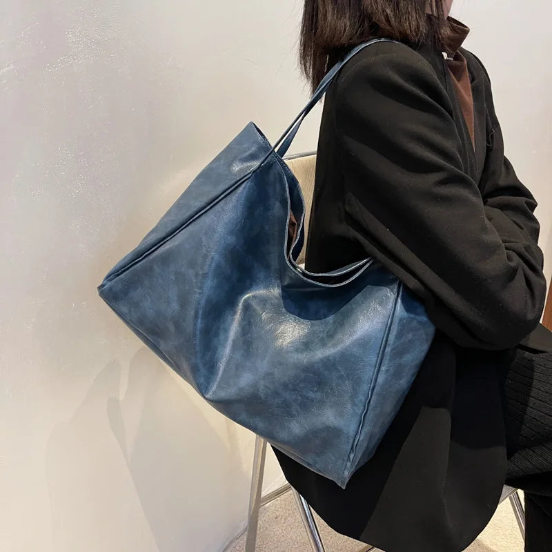 Tote Women's Bag Korean Style Large Capacity Soft Leather Shoulder Bag Retro Casual Hand-held Bucket Bag 2025 Одноплечевая сумка