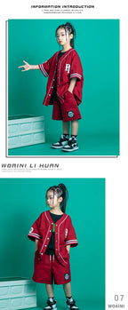 Kids Teenage Streetwear Hip Hop Clothing Red Shirt Tops Casual Cargo Jogger Pants For Girl Boy Jazz Dance Costume Rave Clothes