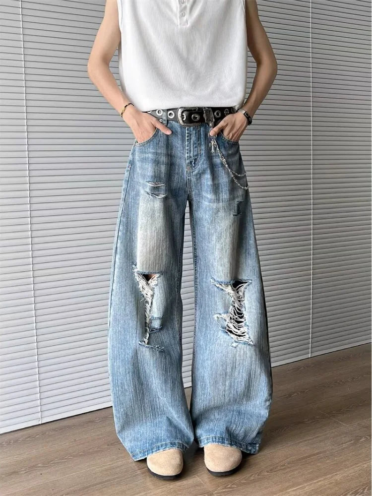 2025 Trashy Y2K Streetwear Washed Blue Baggy Ripped Jeans Pants For Men 90S Vintage Clothes Straight Distressed Denim Trousers