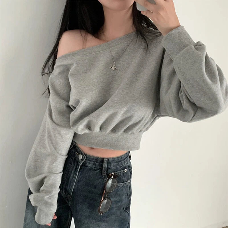 Korean Streetwear Off-shoulder Long Sleeve Loose Casual Cropped Sweatshirt For Women