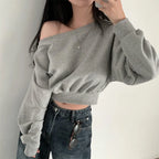Korean Streetwear Off-shoulder Long Sleeve Loose Casual Cropped Sweatshirt For Women