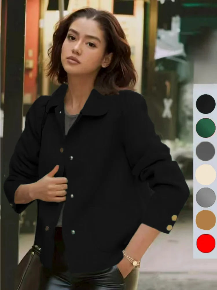 Fashionable minimalist coat for women with a single-breasted collar and high-quality short woolen coat, casual solid color long-