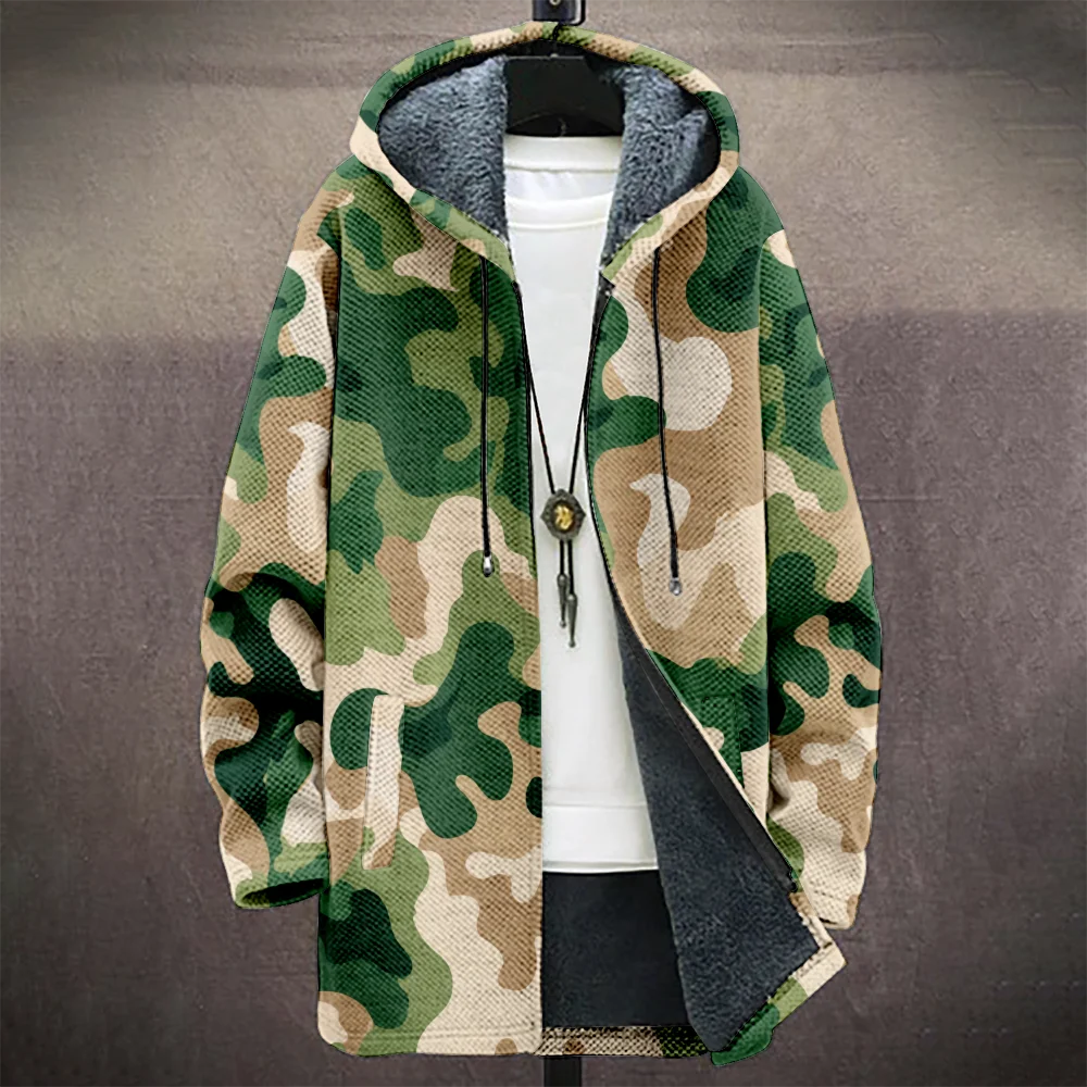 Men's Camouflage Hooded Coat with Fleece Lining Cold Weather Warm Jacket for Autumn Winter Outdoor Streetwear Fashion Trend